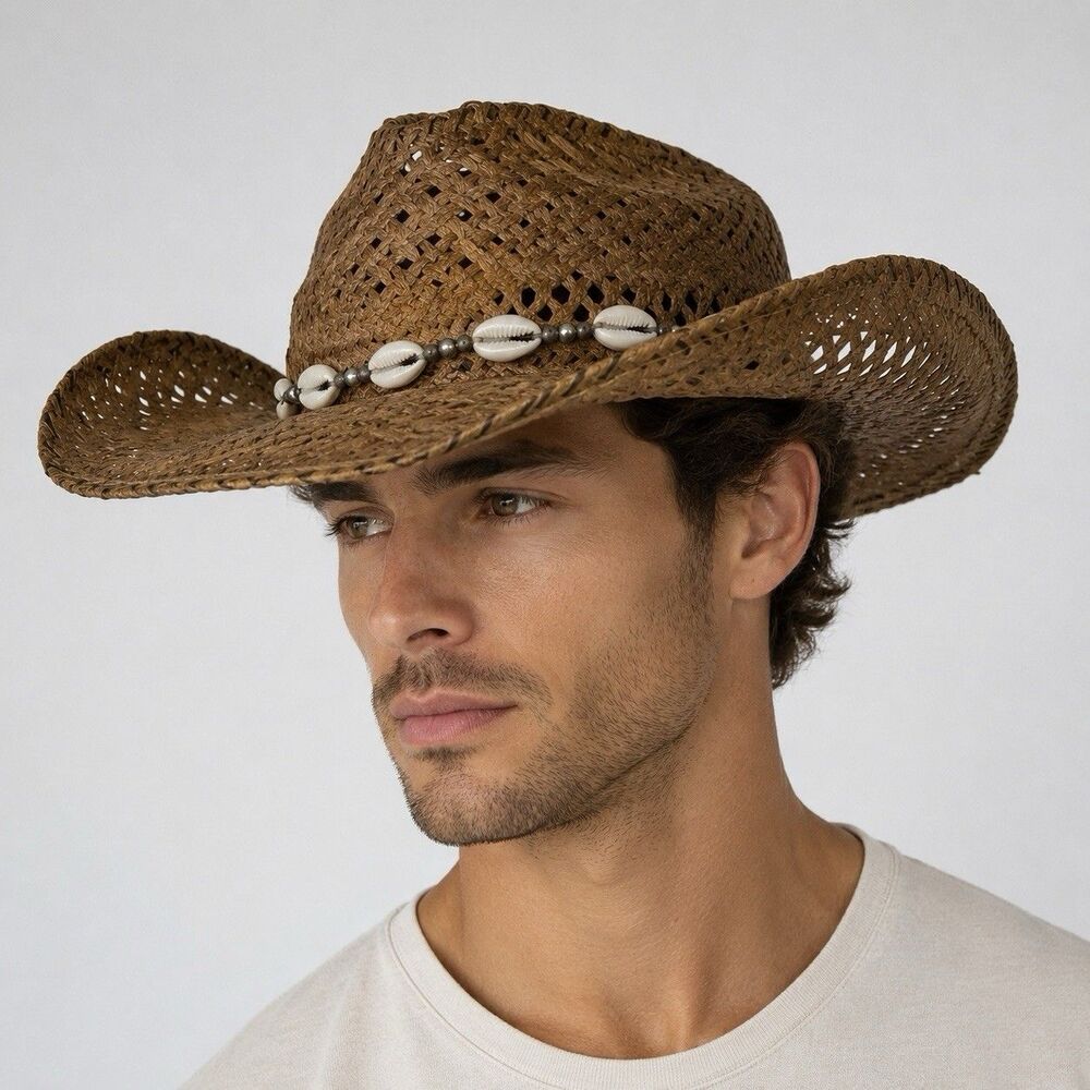 Peter Grimm Straw Cowboy Hat Shell Band Western Beach Sun Hat One Size